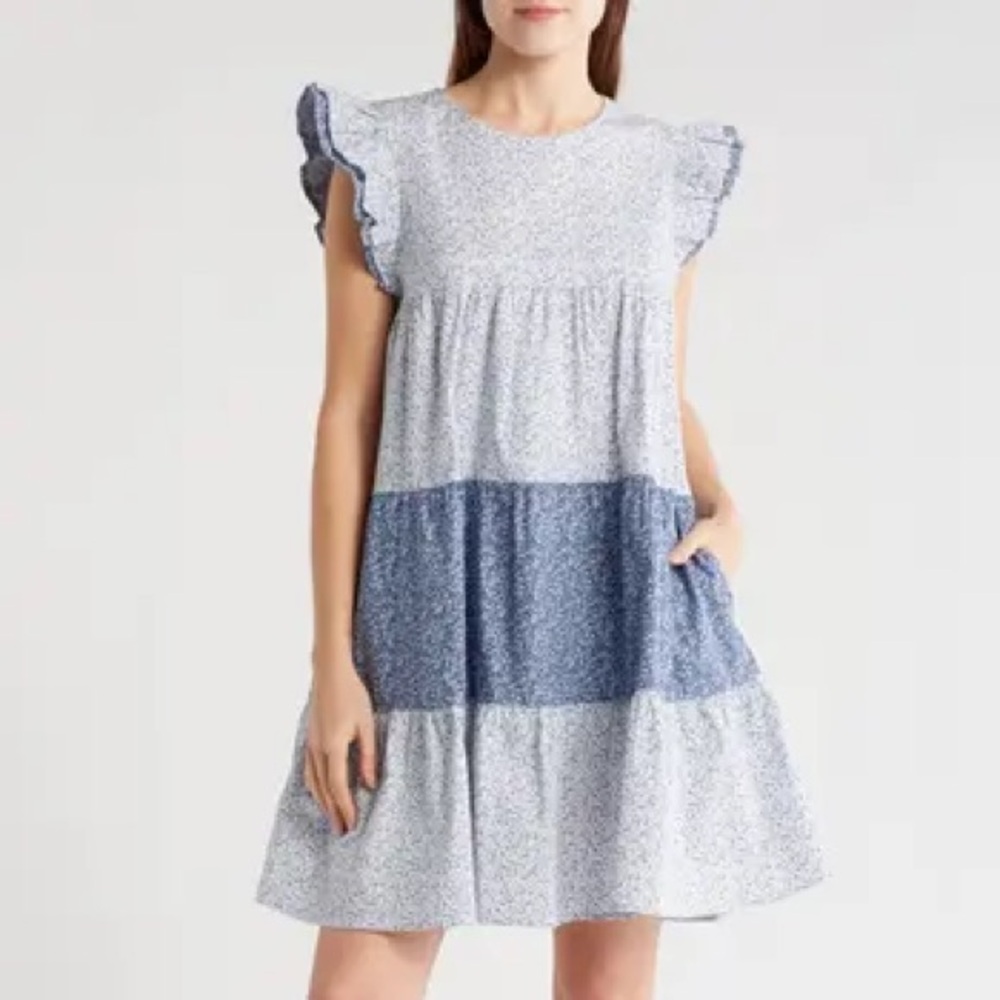 English Factory Blue Floral Print Ruffle Dress Size Medium